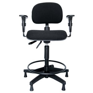 Cadeira caixa ergonômica LEVEN. NR 17. Ajuste lombar. Giratória. Alta com aro ajustável. Braços ajustáveis. Sapatas. Tecido