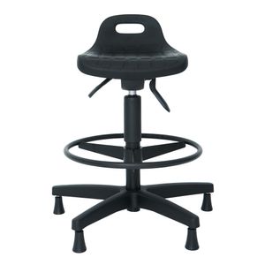 Banco ergonômico semi sentado. NR 17. Ajuste altura e inclinação do assento. Poliuretano. Apoio ajustável para os pés.