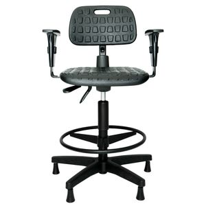 Cadeira caixa ergonômica FÓTON. NR 17. Ajuste lombar. Giratória. Alta com aro ajustável. Sapatas. Braços reguláveis. Poliuretano.