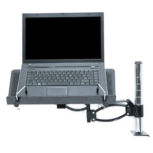 Suporte para Notebook. Suspenso. Ajuste de altura 15cm a 43cm. Giro 360°. Fixação Tampo de Mesa Tipo Morsa. Preto/Cromado.