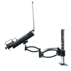 Suporte para Notebook. Suspenso. Ajuste de altura 15cm a 43cm. Giro 360°. Fixação Tampo de Mesa Tipo Morsa. Preto/Cromado.