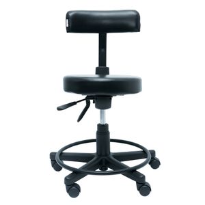 Mocho ergonômico Vertico. Aro-apoio Preto. Giratório Baixo. Assento Redondo. Ajuste Lombar. Estrutura preta. Rodízios. Revestimento sintético.