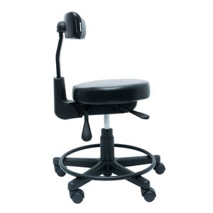 Mocho ergonômico Vertico. Aro-apoio Preto. Giratório Baixo. Assento Redondo. Ajuste Lombar. Estrutura preta. Rodízios. Revestimento sintético.