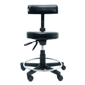 Mocho ergonômico Vertico. Aro-apoio Cromado. Giratório Baixo. Assento Redondo. Ajuste Lombar. Base Preta. Rodízios. Revestimento sintético.
