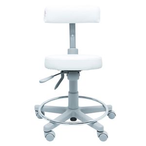 Mocho ergonômico Vertico. Aro-apoio Cromado. Giratório Baixo. Assento Redondo. Ajuste Lombar. Estrutura cinza. Rodízios. Revestimento sintético.