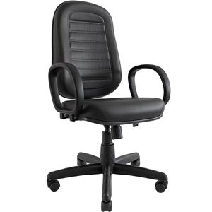 Cadeira Presidente DON. Sintético. Encosto Alto. Costura Gomada. Mecanismo Relax. Apoios para braços. Base preta.