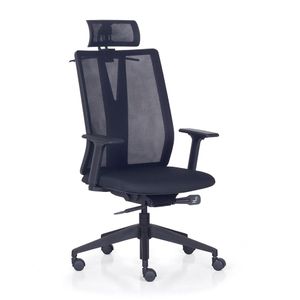 Cadeira ergonômica presidente ADDIT. Com apoio de cabeça. Encosto em TELA. Ajuste lombar. Braços ajustáveis. Tecido Preto.