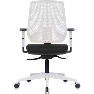 Cadeira ergonômica MÉTRIKE Light. Ajuste lombar. Braços ajustáveis. Encosto tela. Estrutura preta. Base branca. Tecido
