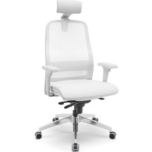 Cadeira ergonômica Titan tela branca e apoio de cabeça. Ajuste lombar. Braços ajustáveis. Base alumínio polido. Assento vinil branco.
