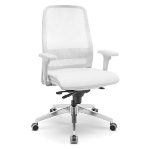 Cadeira ergonômica Titan tela branca. Ajuste lombar. Braços ajustáveis. Base alumínio polido. Assento vinil branco.