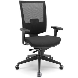 Cadeira ergonômica FLASH tela preta. Ajuste lombar. Braços ajustáveis. Base piramidal preta. Assento tecido preto.