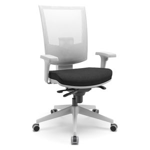 Cadeira ergonômica FLASH tela cinza. Ajuste lombar. Braços ajustáveis. Encosto tela. Base piramidal cinza. Tecido preto.