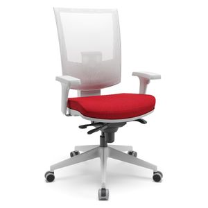 Cadeira ergonômica FLASH tela cinza. Ajuste lombar. Braços ajustáveis. Encosto tela. Base piramidal cinza. Tecido vermelho.