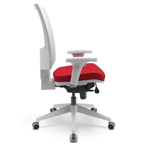 Cadeira ergonômica FLASH tela cinza. Ajuste lombar. Braços ajustáveis. Encosto tela. Base piramidal cinza. Tecido vermelho.