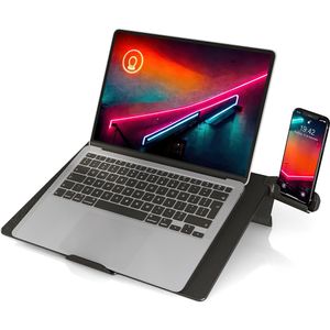 Suporte para notebook ergonômico de colo e mesa. Em resina termoplástica. Preto.