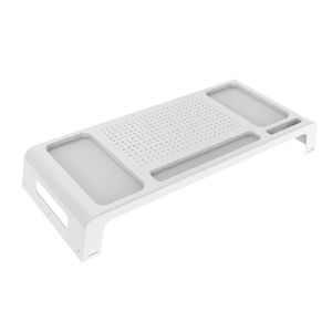 Suporte para monitor ergonômico. 4 nichos para organização. Três estágios de altura. Em ABS de Alto Impacto. Branco.